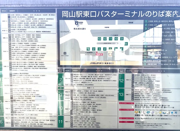 岡山駅東口を出て右手に進むと、バスターミナルが見えてきます。